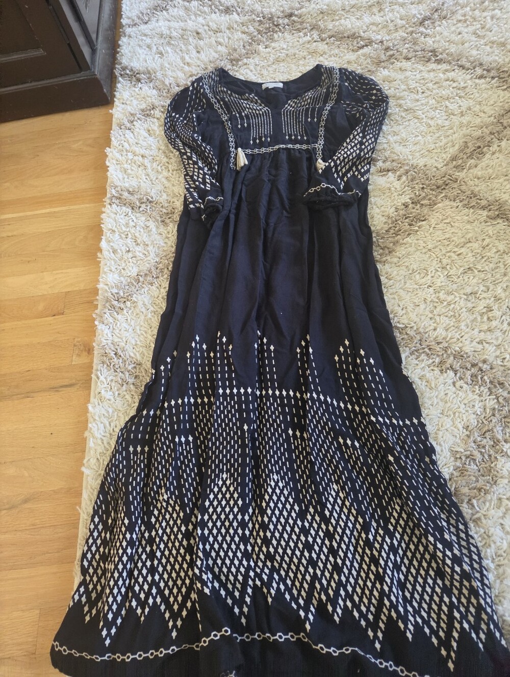 World Market black Maxi Dress w/ cream Geometric Pattern missing tassle. See pic